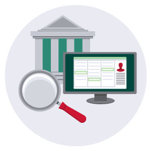 federal and nationwide searches icon with courthouse, magnifying glass, and computer screen